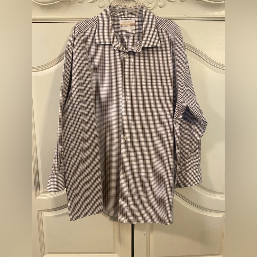 Roundtree & Yorke Men's Blue & White & Tan Check Dress Shirt